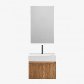 Conjunto De Móvel De Casa De Banho Suspenso Em Madeira Com Lavatório Integrado Aldeia Castanho Fresno & Retangular Led E Anti-embaciamento - Sklum