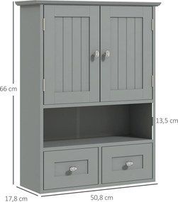 Armário de parede para casa de banho, armário de toucador, com portas, prateleira, 2 gavetas, 50,8 x 17,8 x 66 cm, cinzento