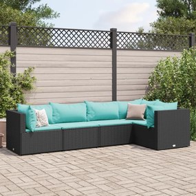 5 pcs conjunto lounge de jardim c/ almofadões vime PE preto