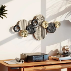 Decoração de parede em metal 100 x 50 cm, escultura de parede em metal, design exclusivo com vários discos, , cáqui e preto