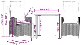 3 pcs conjunto de jantar p/ jardim c/ almofadões vime PE cinza