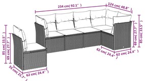 6 pcs conjunto de sofás p/ jardim com almofadões vime PE bege
