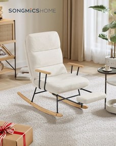 Cadeira de balanço SONGMICS HOME LYY016W01, pernas de madeira de seringueira, tecido macio, cadeira de balanço, encosto ajustável em 4 posições, suporta até 160 kg, para quarto, sala de estar, branco creme LYY016W01