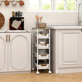 Carrinho de arrumação com Rodas  39,5 cm (L) x 24 cm (P) x 82 cm (A), 5 níveis, com 4 gavetas deslizantes e prateleira de arrumação, branco