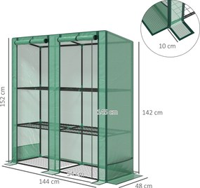 Estufa de jardim 144 x 48 x 152 cm com prateleiras metálicas de 3 níveis, estufa de varanda com cobertura em PE e telhado inclinado, verde
