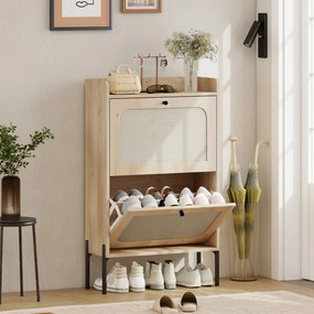 Sapateira com capacidade para 12 pares, 60 x 23,7 x 99,5 cm, 2 gavetas rebatíveis, portas em rattan e prateleiras ajustáveis, cor carvalho