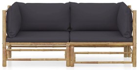 2pcs conj. lounge de jardim bambu c/ almofadões cinzento-escuro