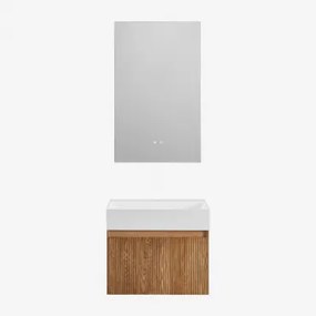 Conjunto De Móveis De Casa De Banho Em Madeira Aldeia Com Lavatório Integrado Madeira Escura & Retangular Led E Anti-embaciamento 55x90 Cm - Sklum
