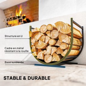 Porta-lenha curvo e robusto para interior e exterior, estrutura em metal, 43 x 33 x 38 cm, preto