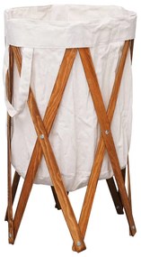 Cesto para roupa suja dobrável madeira e tecido creme