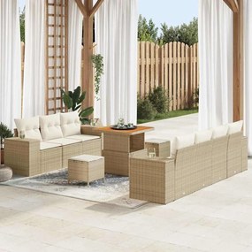 vidaXL Conjunto de Sofá de Jardim de 10 Peças com Almofadas Bege Rattan Poliéster Acácia