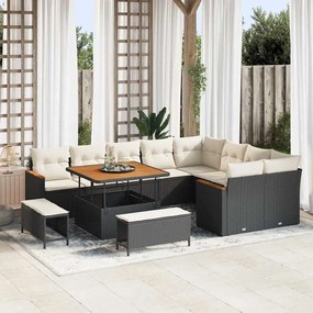 Conjunto de Sofá de Jardim vidaXL com 12 Peças e Almofadas Preto Rattan Polimérico Acácia