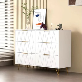 Cómoda com 6 Gavetas – Faro – 100x34x58 cm – Branco e Dourado - Design
