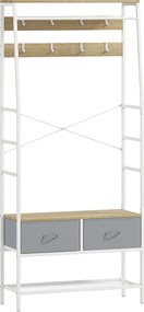 Móvel Cabide de Entrada com Banco Sapateira 8 Ganchos 2 Gavetas de Tecido Barra Prateleira 80x30x180,5 cm Branco e Madeira
