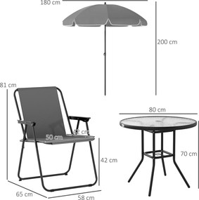 Conjunto de Mesa e Cadeiras de Jardim de 6 Peças com 4 Cadeiras Dobráveis Mesa de Vidro e Chapéu de Sol Cinzento