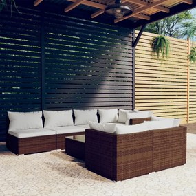 vidaXL 8 pcs conjunto lounge jardim c/ almofadões vime PE castanho