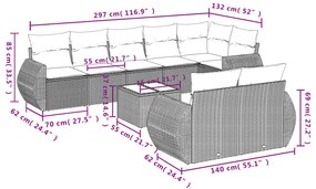 9 pcs conjunto sofás p/ jardim c/ almofadões vime PE castanho