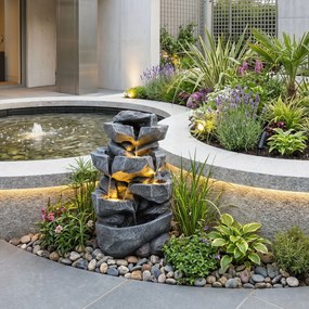Fonte de água em cascata para exterior com 5 níveis 29,5 x 21 x 47 cm, iluminação LED e caudal regulável, decorativa para sala, jardim ou terraço