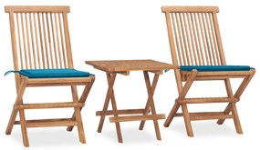 vidaXL 3 pcs conj. jantar dobrável exterior c/ almofadão teca maciça