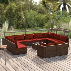 vidaXL 12 pcs conjunto lounge de jardim c/ almofadões vime PE castanho
