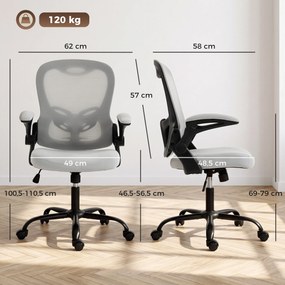 Cadeira de escritório ergonómica, cadeira de escritório em malha, braços rebatíveis, altura ajustável, função de balanço, cinzenta