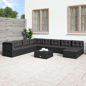 vidaXL 9 pcs conjunto lounge de jardim c/ almofadões vime PE preto