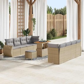 Conjunto de Sofá de Jardim de 11 Peças com Almofadas Bege Polirattan Acácia