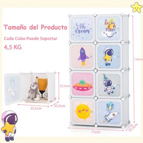 Guarda roupa infantil portátil 71 x 35,5 x 142 cm com 8 cubos com 2 secções para pendurar roupa 71 x 35,5 x 142 cm Branco