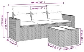 4 pcs conjunto sofás de jardim c/ almofadões vime PE castanho