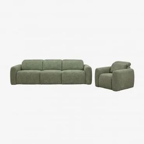 Conjunto De Sala Com Sofá Reclinável E Elétrico De 3 Lugares E Poltrona Estofada Peggy Bouclé Verde Sálvia - Sklum