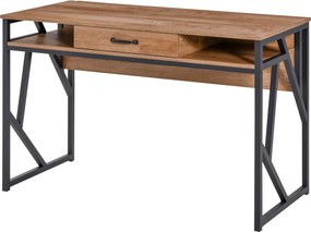 Secretária de estilo industrial, 120  x 60  x 76 cm, com gaveta + 2 nichos, base em metal preto, tampo com acabamento em madeira cor de nogueira