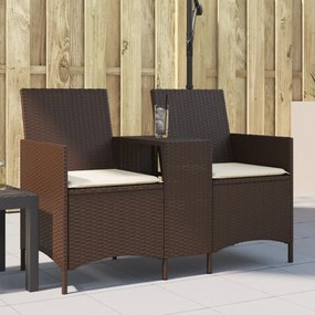 vidaXL Sofá de jardim c/ mesa e almofadões 2 lugares vime PE castanho