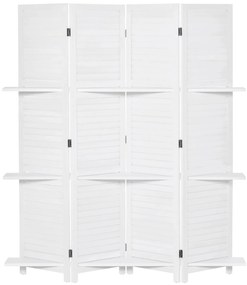 HOMCOM Biombo de 4 Painéis de Madeira Separador de Ambiente Dobrável com 3 Prateleiras Removíveis Desenho Persiana para Dormitório Escritório 160x170cm Branco