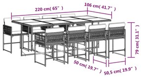 9 pcs conjunto de jantar p/ jardim c/ almofadões vime PE preto