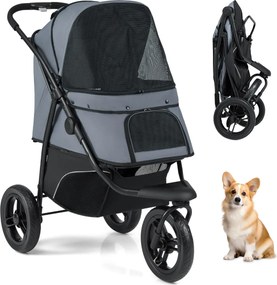 Carrinho de 3 rodas para cães pequenos e médios dobrável para animais de estimação com rodas todo-o-terreno Travão Capota ajustável Cinza