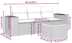 4 pcs conjunto de sofás para jardim c/ almofadões vime PE bege