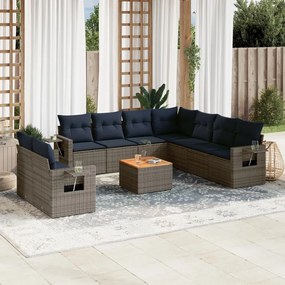 vidaXL 10 pcs conjunto sofás p/ jardim c/ almofadões vime PE cinzento