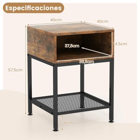 Mesa cabeçeira lateral de madeira de 3 camadas com compartimento aberto e prateleira de malha para sala de estar e quarto 40 x 40 x 57,5 ​​cm Castanho