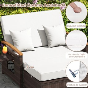 Conjunto de sofá-cama em rattan com pufe com espaço de arrumação, encosto ajustável em 4 níveis e mesas laterais dobráveis para jardim e piscina, bran