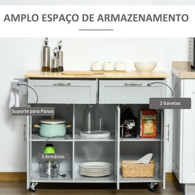 Carrinho de Cozinha com Rodas Carrinho de Cozinha Multiuso com 2 Gavetas 3 Portas Prateleiras Ajustáveis e Barra para Sala de Jantar 121x46x91cm Cinza