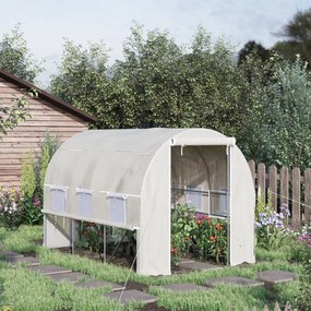 Estufa de jardim tipo túnel com 6 m², 295 x 200 x 200 cm 6 janelas, porta enrolável, lona de PE e estrutura em aço galvanizado branco
