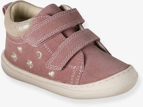 Botinhas em pele suave, com barra autoaderente, para bebé, especial primeiros passos estampado rosa