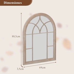 Espelho de painel de janela estilo rústico arqueado 88,5 x 69 x 3,5 cm e montado na parede com moldura metálica cinza