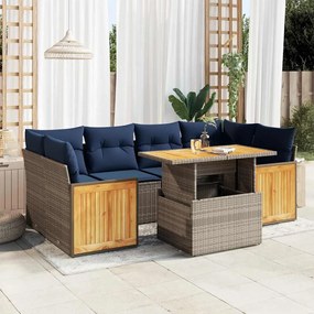 7 pcs conjunto sofás jardim almofadões vime PE/acácia cinzento