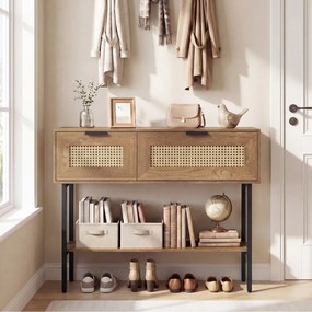 Mesa consola estreita em rattan PE 100 x 29,5 x 76 cm, com portas, prateleiras e estrutura metálica, para a sala de estar ou o hall de entrada Natural