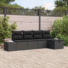 Conjunto de Sofá de Jardim de 5 peças com Almofadas Preto Vime PE