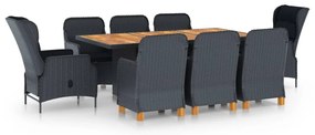 9 pcs conj. jantar exterior c/ almofadões vime PE cinza-escuro