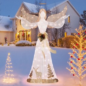 Anjo de Natal iluminado com 100 luzes brancas quentes, halo, laço e estacas para o solo 103 x 45 x 150 cm Branco + Dourado