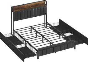Estrutura de cama de 140 x 190 cm com base de ripas metálicas (COLCHÃO NÃO INCLUIDO), cama de casal estofada com 4 gavetas e prateleira, preta