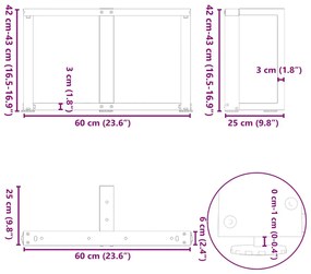 Pés para mesa de centro em forma de T, 2 peças, preto, 60x25x(42-43) c